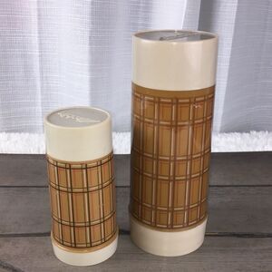 Bundle of 2 Vintage Aladdin Thermos Bottles Tan Plaid Picnic Nostalgic